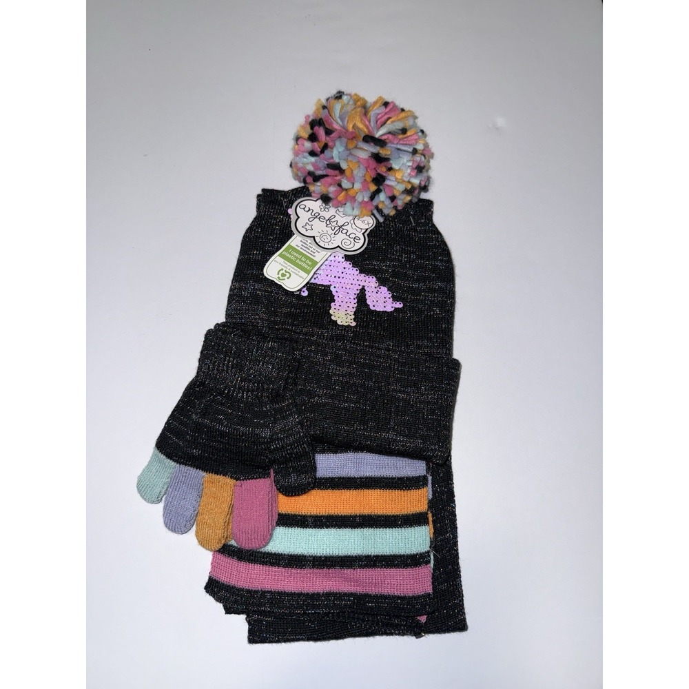 Angel Face Girls 3 Pc Hat Scarf Gloves Set Unicorn Sequin Sparkle Winter Kid NWT